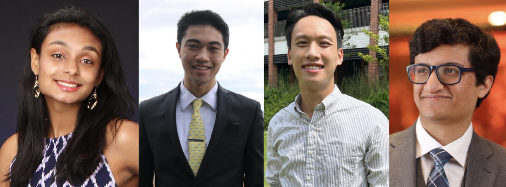 Four portrait-style photographs in indoor and outdoor settings of, left to right, Nadia Sadanandan, Adrian Kalaw, Dominic Pham, and Aryaman Arora