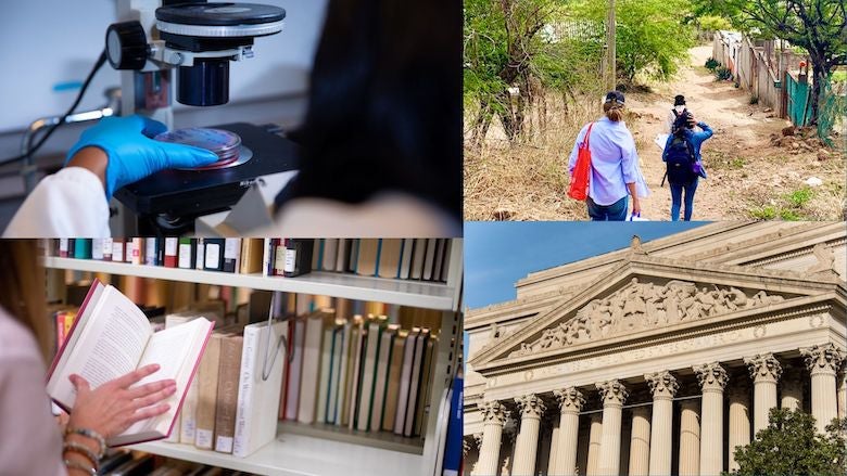 Photos of individuals in a science lab, a library, and walking down a rural pathway, as well as a picture of the U.S. Archives building