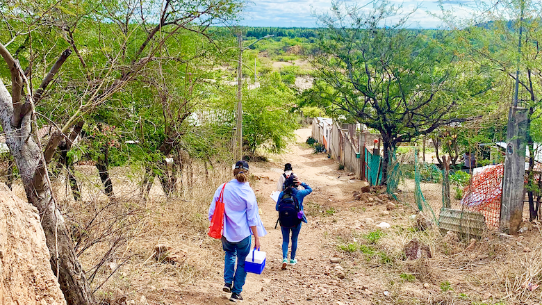 Student researchers walarea with trees and sky in the backgroundk down a dirt roadway in a rural