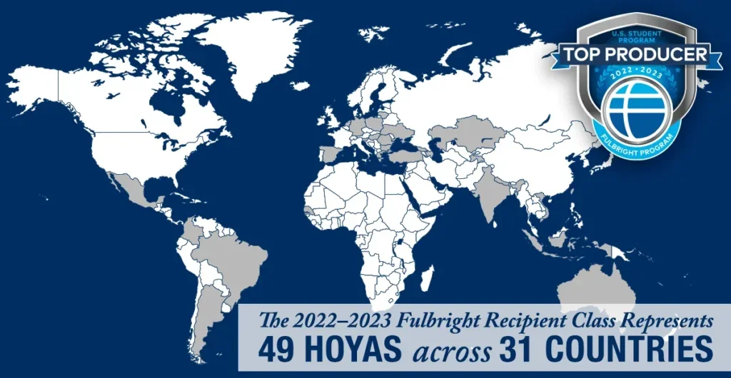 A map of the world with Fulbright's "top producer" logo and the words: The 2022-2023 Fulbright Recipient Class Represents 49 Hoyas across 31 Countries."