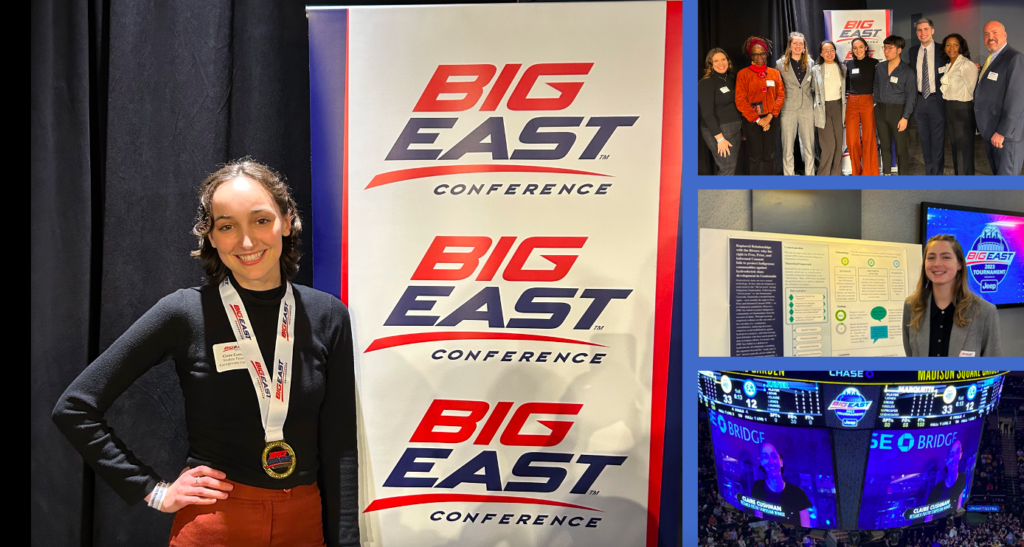 A collage of photographs from the Big East Undergraduate Research Symposium including attendees posing by Big East signs and a student featured on the large-screen TV at the basketball game in Madison Square Garden