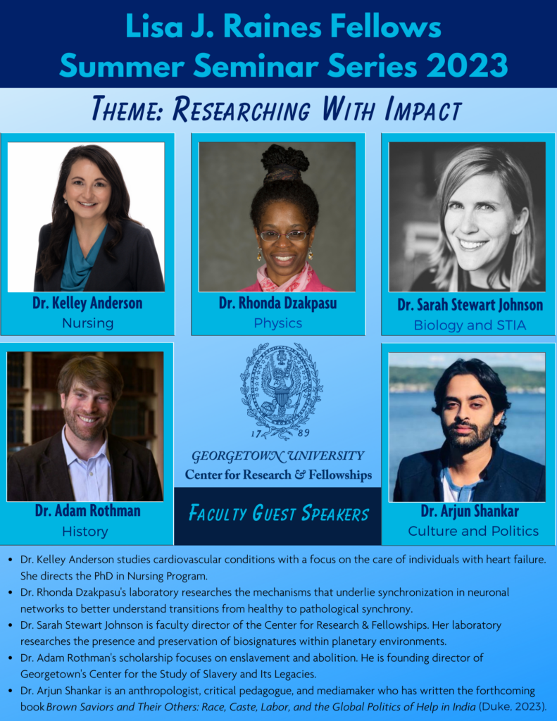 A flier including photos of the five faculty guest speakers for the summer 2023 Raines Seminar series and brief descriptions of their research focus.