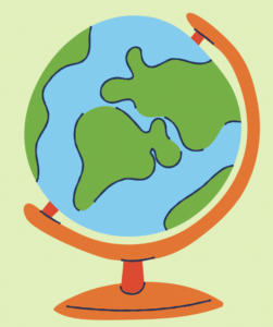 A graphic of a globe against a green background