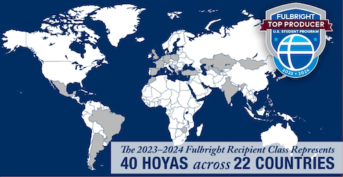 An image of the world map with text celebrating Georgetown applicants being selected for 40 Fulbright grants - the most of any institution in the 2023-2024 grant year