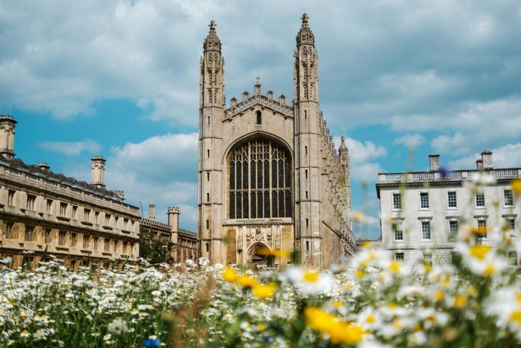 A dual-spired stone cathedral against a blue sky with clouds and behind a patch of daisies.