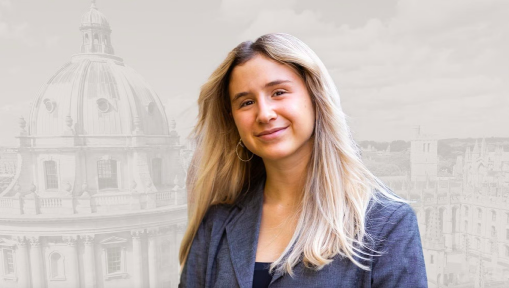 A portrait photo of student Noa Offman with an image of Oxford University behind her