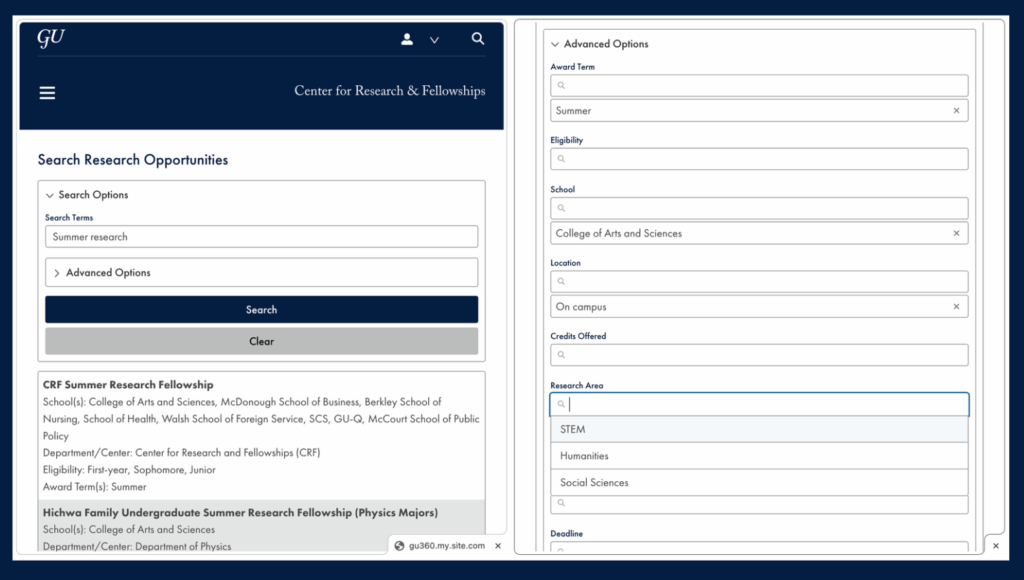 Screenshot of the Research Opportunities Database GU360 homepage showing a sample keyword search for "summer research" and filtering options such as award term, eligibility, school, location, credits offered, and research area.  