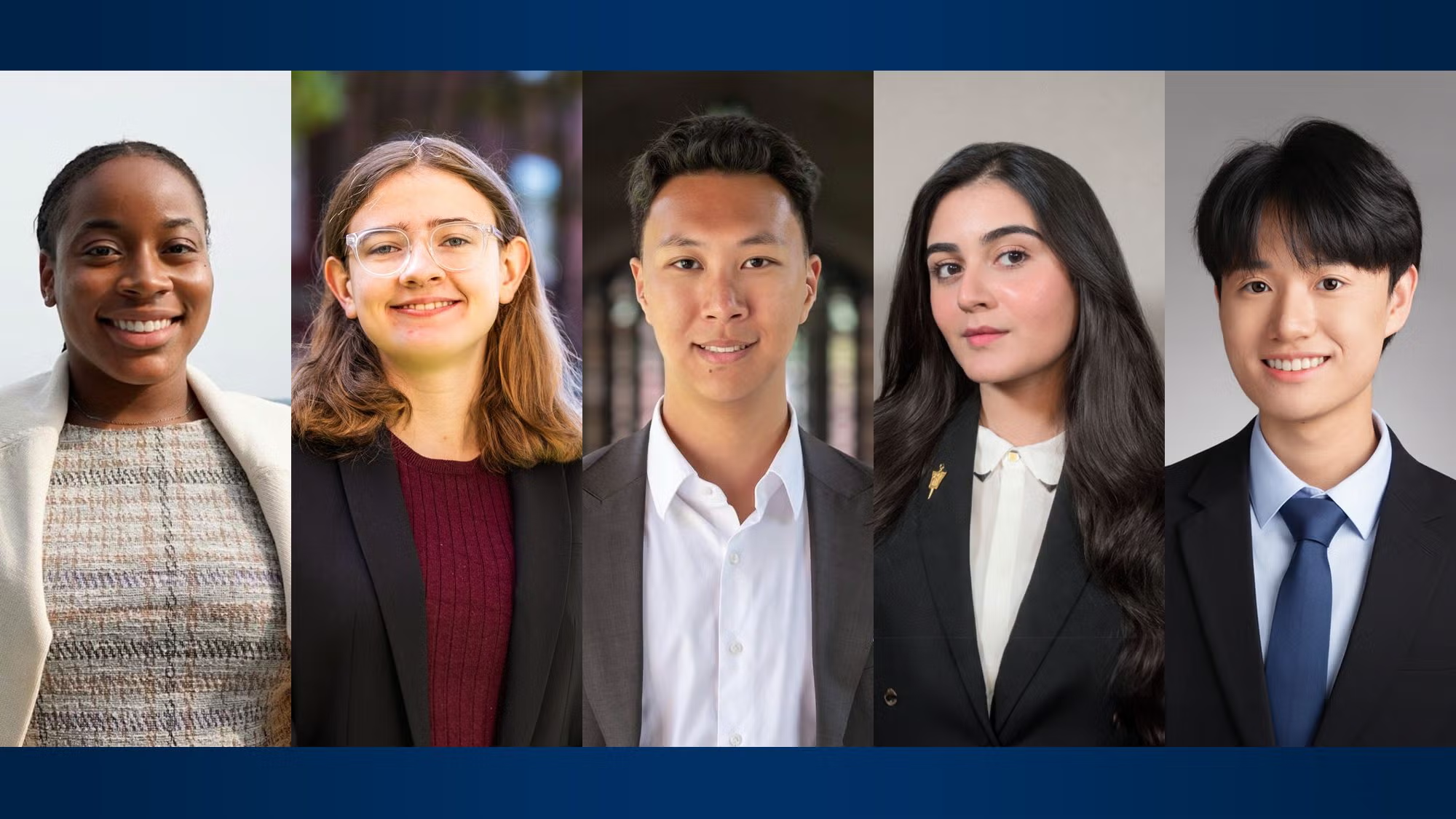 Professional headshots of 5 Hoya Schwarzman Scholar recipients in front of a dark blue background 