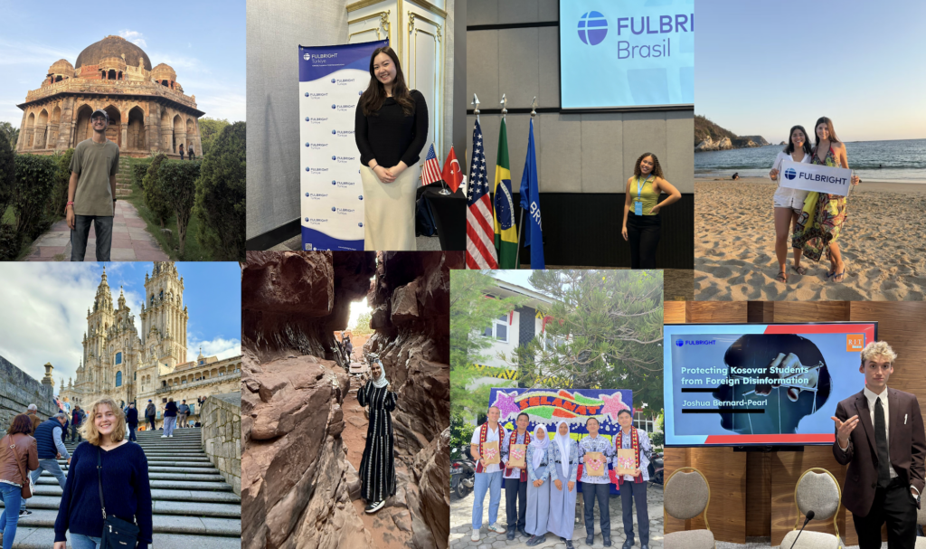 A collage of photos of Georgetown University Fulbright grantees in various indoor and outdoor settings
