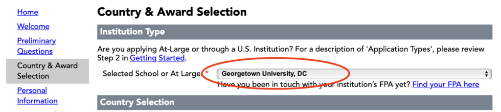 A screenshot of the Country & Award selection part of the Fulbright US Student Program with the text "Georgetown University, DC" highlighted with a red oval