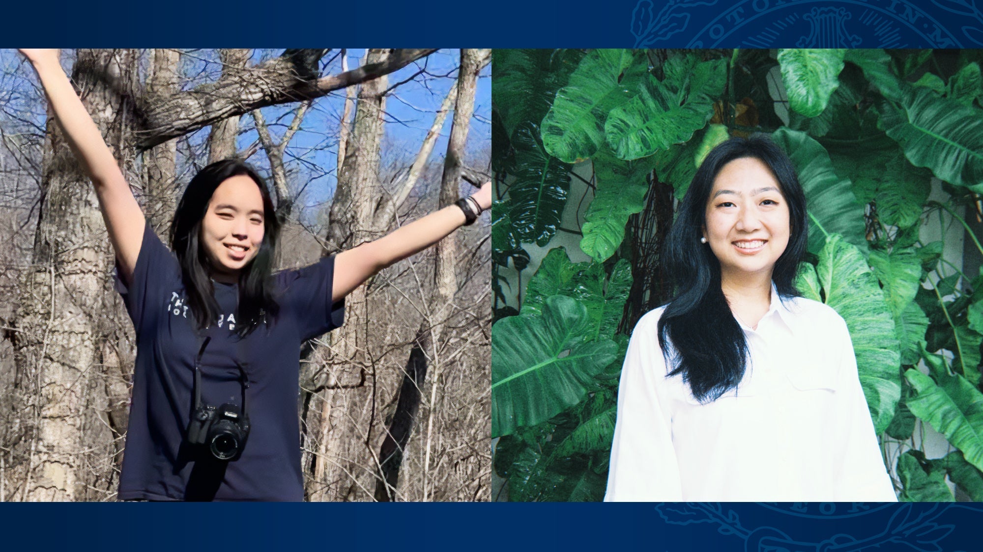 Two portrait photos in front of a navy blue background. The left photo is Miranda Xiong standing in front of trees. On the right, Mon Mon “Maple” Htet stands in front of giant leaves. 